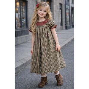 Lolly Wolly Doodle Plaid Smocked Dress Kids 5 Green Red Beige